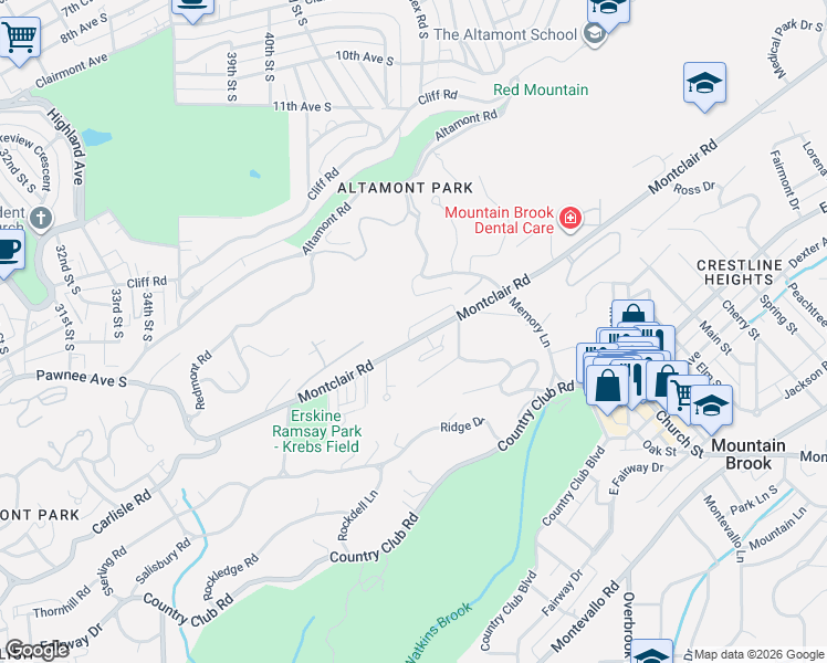 map of restaurants, bars, coffee shops, grocery stores, and more near 3842 Montclair Road in Birmingham