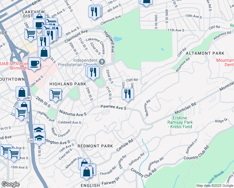 map of restaurants, bars, coffee shops, grocery stores, and more near 1324 32nd Street South in Birmingham