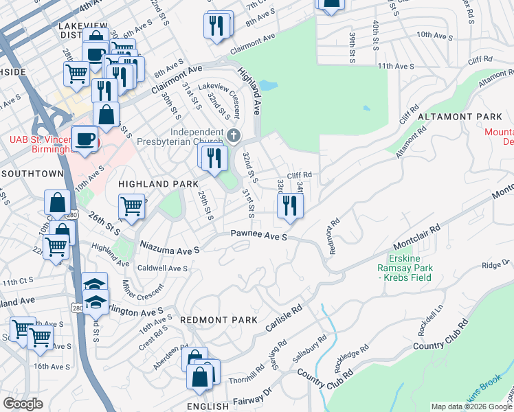 map of restaurants, bars, coffee shops, grocery stores, and more near 1324 32nd Street South in Birmingham