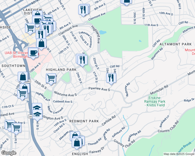 map of restaurants, bars, coffee shops, grocery stores, and more near 1324 32nd Street South in Birmingham