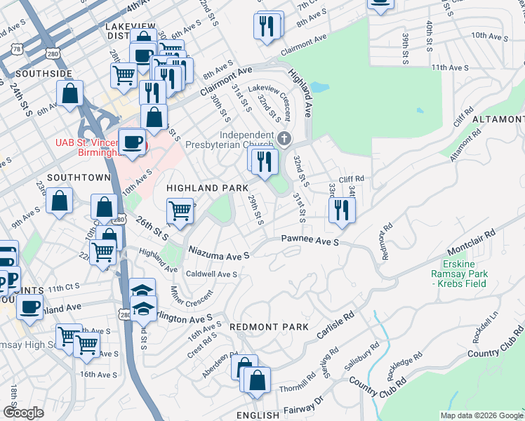 map of restaurants, bars, coffee shops, grocery stores, and more near 1223 29th Street South in Birmingham