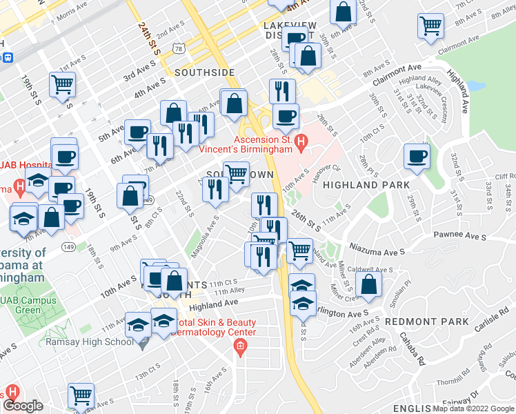 map of restaurants, bars, coffee shops, grocery stores, and more near 2401 9th Court South in Birmingham