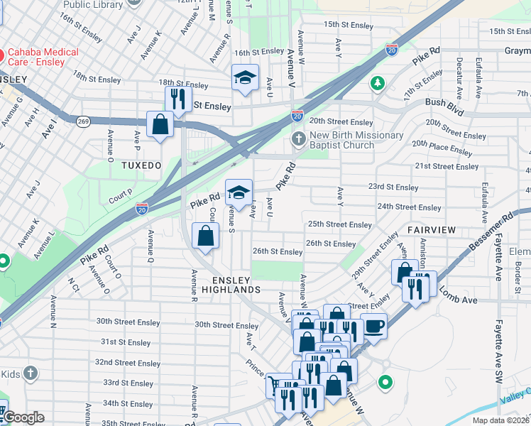 map of restaurants, bars, coffee shops, grocery stores, and more near 2417 Avenue T in Birmingham