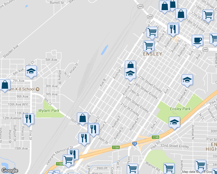 map of restaurants, bars, coffee shops, grocery stores, and more near 2923 Avenue B in Birmingham