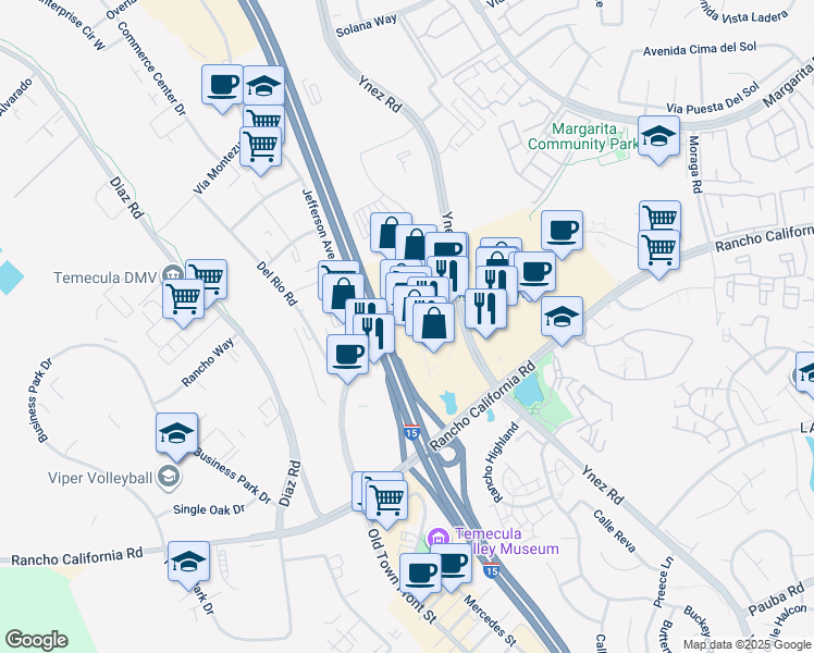 map of restaurants, bars, coffee shops, grocery stores, and more near 27555 Ynez Road in Temecula