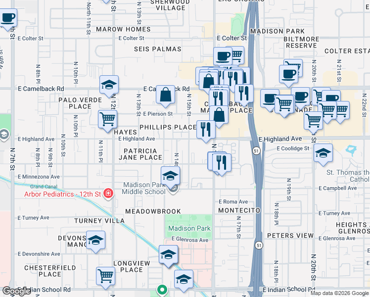 map of restaurants, bars, coffee shops, grocery stores, and more near 1449 East Highland Avenue in Phoenix