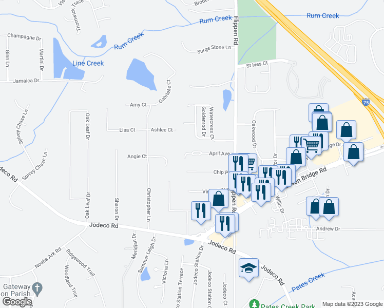 map of restaurants, bars, coffee shops, grocery stores, and more near 74 April Avenue in Stockbridge
