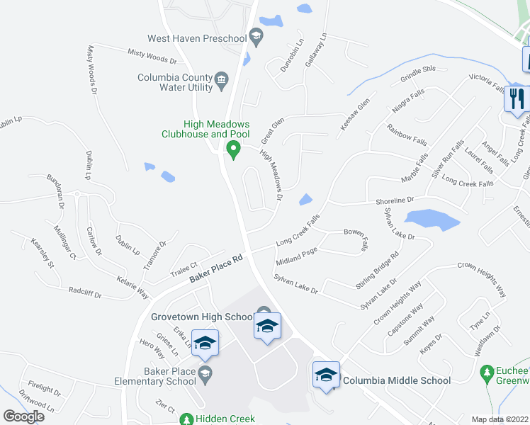 map of restaurants, bars, coffee shops, grocery stores, and more near 298 High Meadows Circle in Grovetown