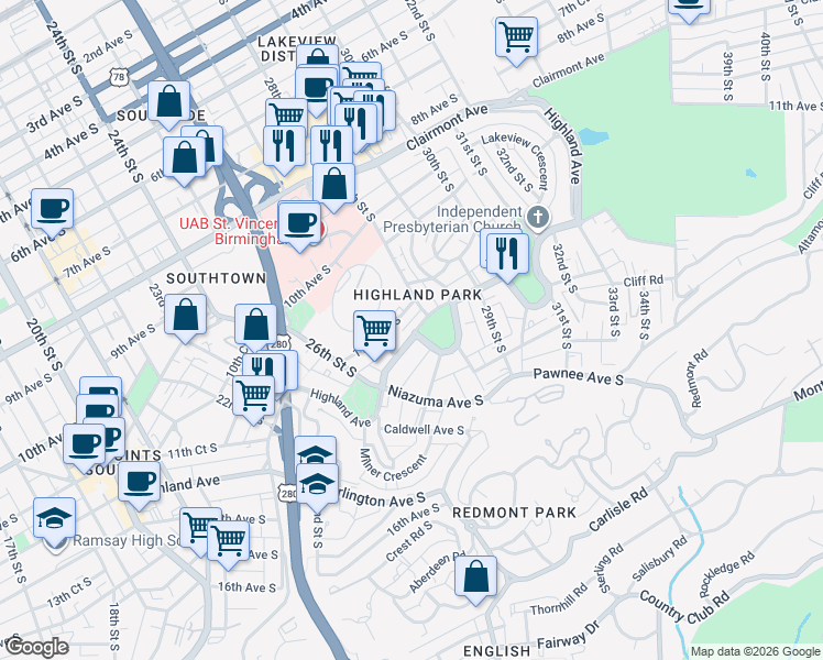 map of restaurants, bars, coffee shops, grocery stores, and more near 2724 Highland Avenue in Birmingham