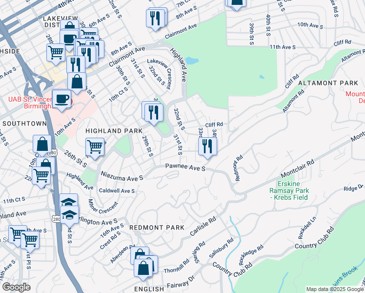 map of restaurants, bars, coffee shops, grocery stores, and more near 1324 32nd Street South in Birmingham