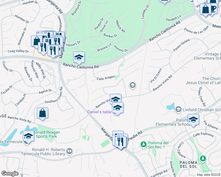 map of restaurants, bars, coffee shops, grocery stores, and more near 31049 Corte Arroyo Vista in Temecula