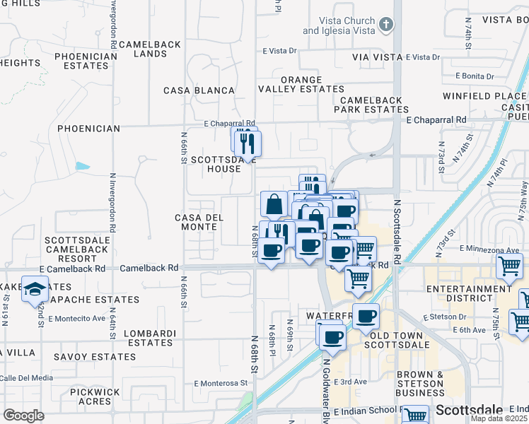 map of restaurants, bars, coffee shops, grocery stores, and more near 118 East Highland Avenue in Scottsdale