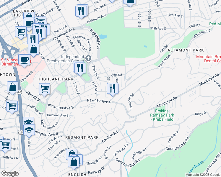map of restaurants, bars, coffee shops, grocery stores, and more near 1427 33rd Street South in Birmingham