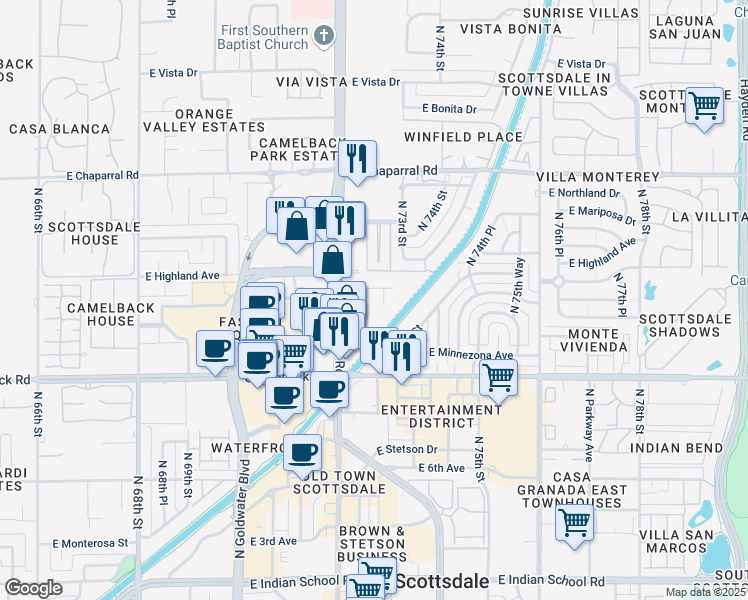 map of restaurants, bars, coffee shops, grocery stores, and more near 4747 North Scottsdale Road in Scottsdale