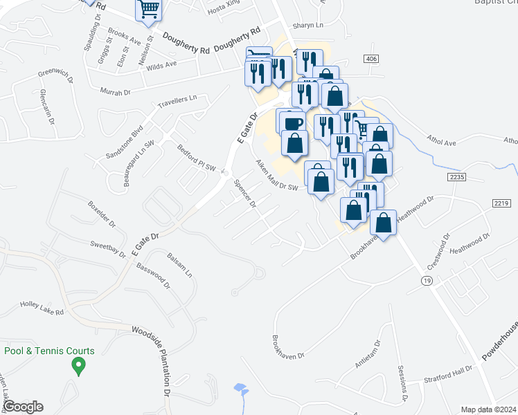 map of restaurants, bars, coffee shops, grocery stores, and more near 104 West Middlebury Lane Southwest in Aiken