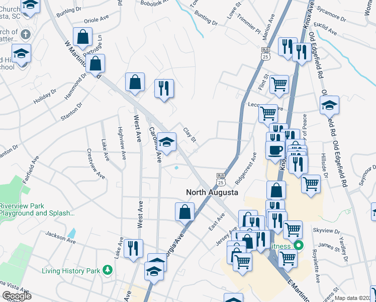 map of restaurants, bars, coffee shops, grocery stores, and more near East Martintown Road in North Augusta