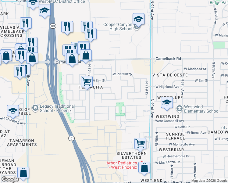 map of restaurants, bars, coffee shops, grocery stores, and more near 9259 West Pierson Street in Phoenix