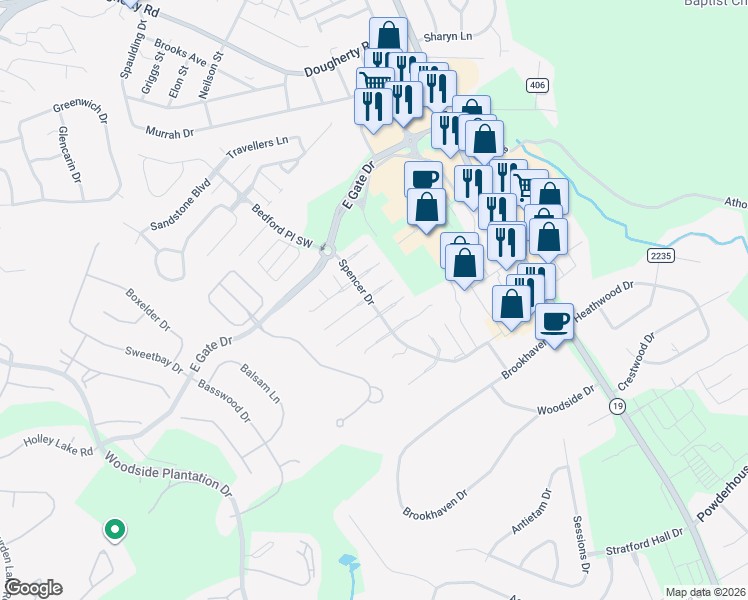 map of restaurants, bars, coffee shops, grocery stores, and more near 104 West Middlebury Lane Southwest in Aiken