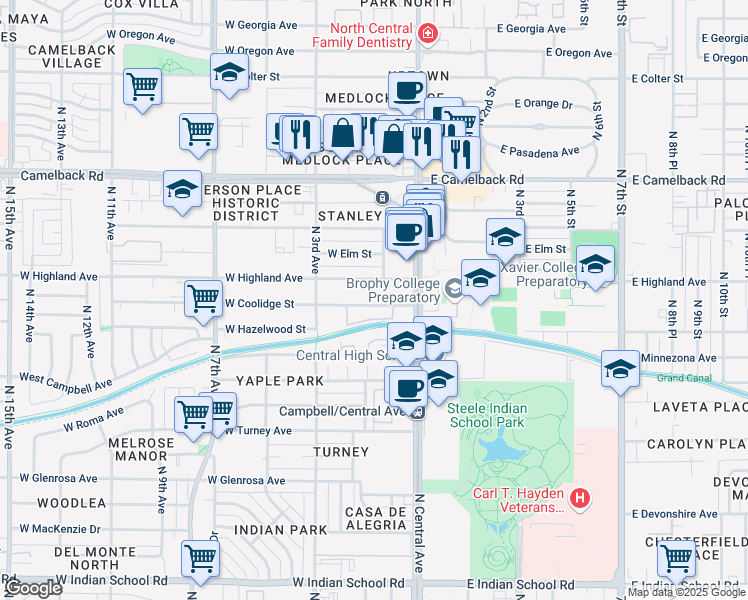 map of restaurants, bars, coffee shops, grocery stores, and more near 101 West Highland Avenue in Phoenix