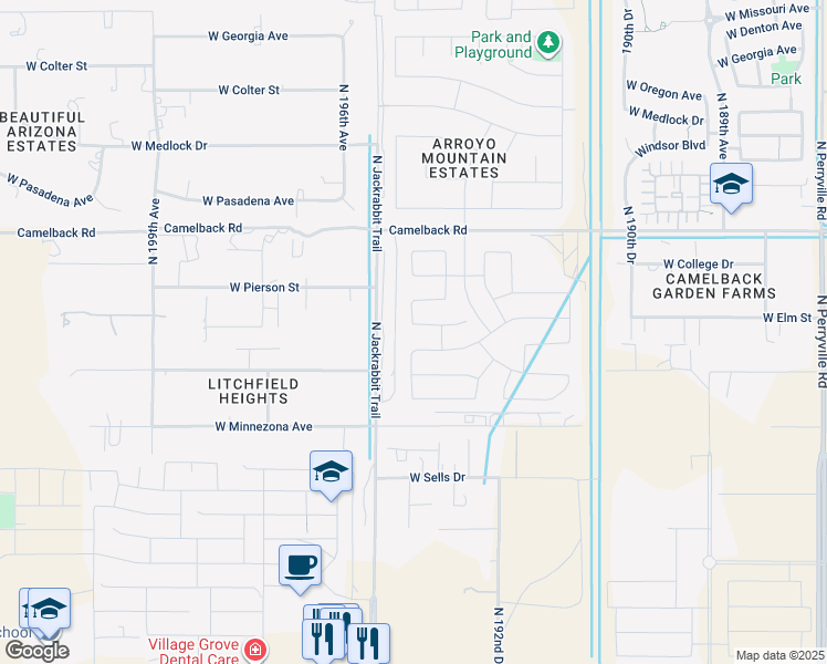 map of restaurants, bars, coffee shops, grocery stores, and more near 19451 West Highland Avenue in Litchfield Park