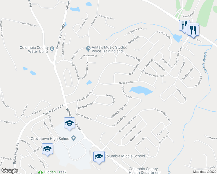 map of restaurants, bars, coffee shops, grocery stores, and more near 1947 Shoreline Drive in Grovetown