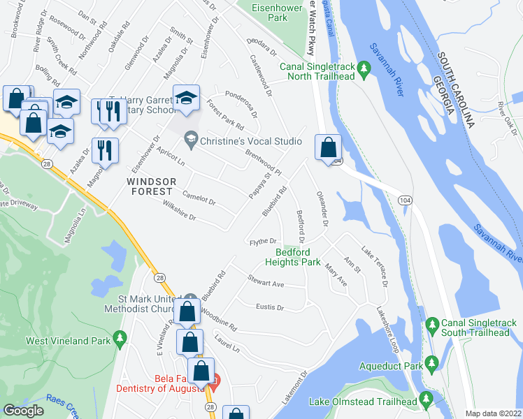 map of restaurants, bars, coffee shops, grocery stores, and more near 918 Bluebird Road in Augusta