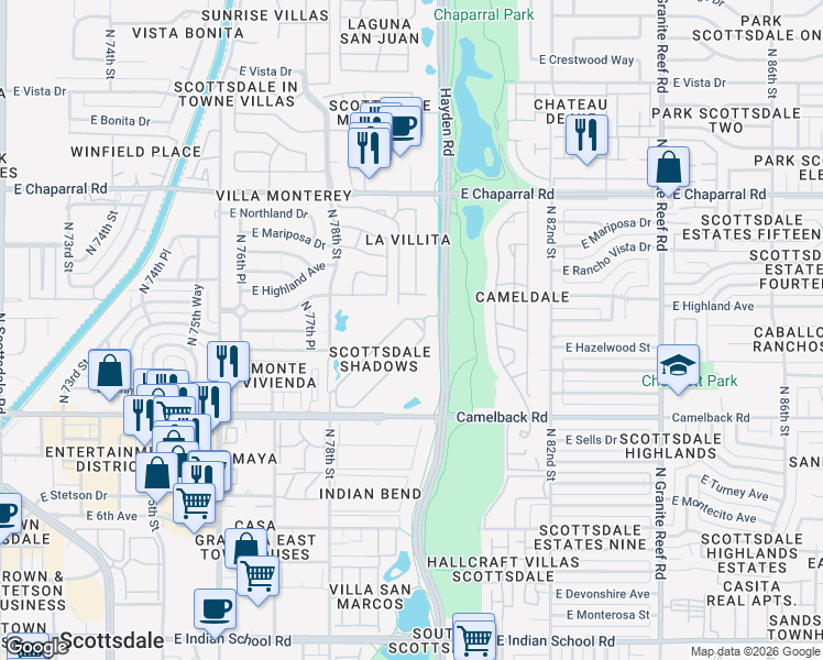map of restaurants, bars, coffee shops, grocery stores, and more near 7970 East Camelback Road in Scottsdale