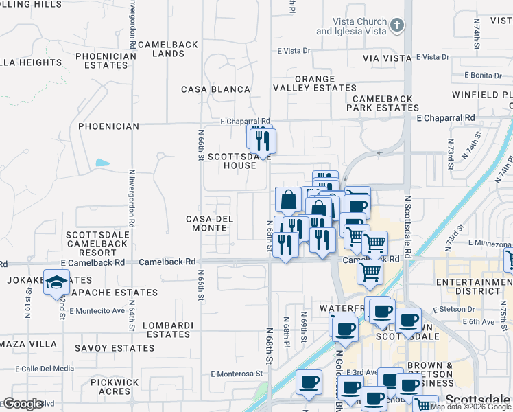 map of restaurants, bars, coffee shops, grocery stores, and more near 4630 North 68th Street in Scottsdale