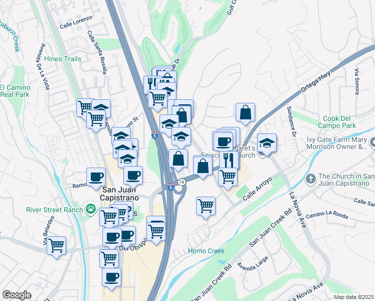 map of restaurants, bars, coffee shops, grocery stores, and more near 31521 Rancho Viejo Road in San Juan Capistrano