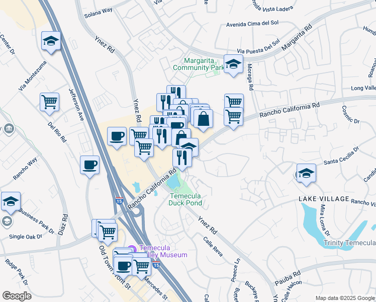 map of restaurants, bars, coffee shops, grocery stores, and more near 29630 Rancho California Road in Temecula