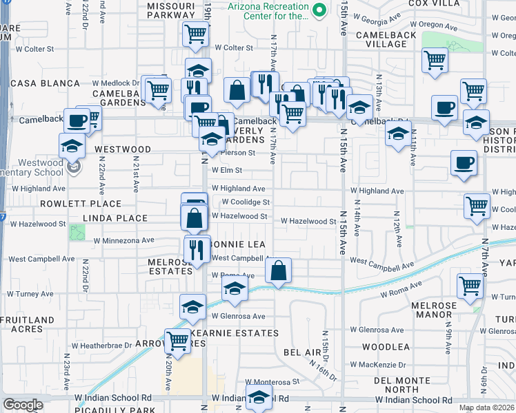 map of restaurants, bars, coffee shops, grocery stores, and more near 1720 West Coolidge Street in Phoenix