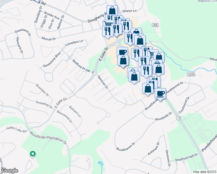 map of restaurants, bars, coffee shops, grocery stores, and more near 106 West Middlebury Lane in Aiken