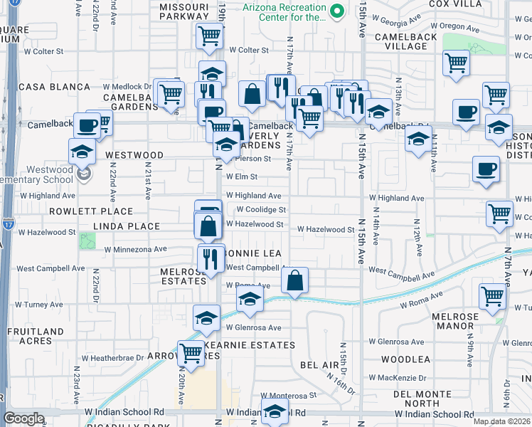 map of restaurants, bars, coffee shops, grocery stores, and more near 1720 West Coolidge Street in Phoenix