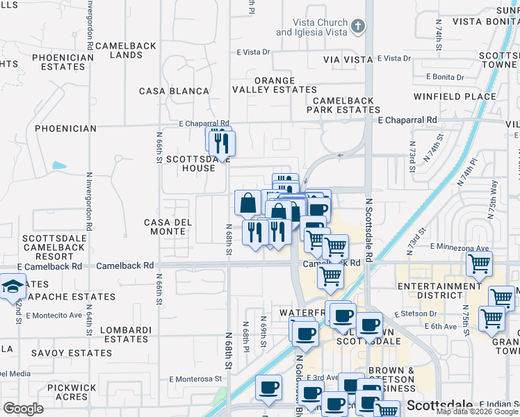 map of restaurants, bars, coffee shops, grocery stores, and more near 214 East Highland Avenue in Scottsdale