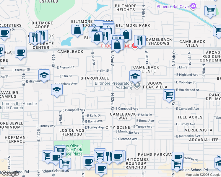 map of restaurants, bars, coffee shops, grocery stores, and more near 3132 East Coolidge Street in Phoenix