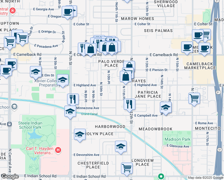 map of restaurants, bars, coffee shops, grocery stores, and more near 1037 East Highland Avenue in Phoenix