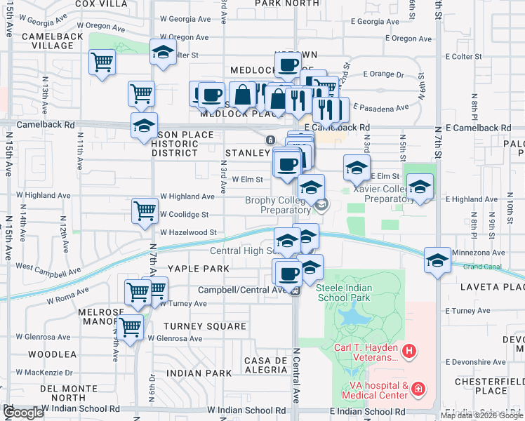 map of restaurants, bars, coffee shops, grocery stores, and more near 101 West Highland Avenue in Phoenix