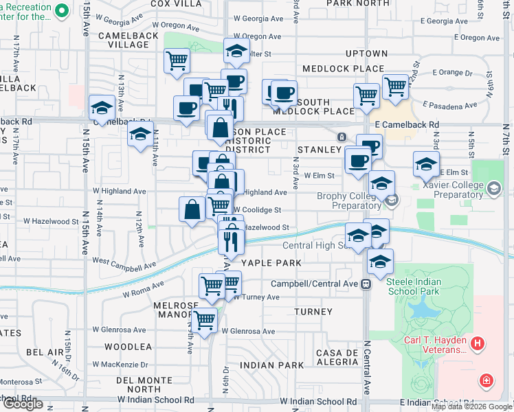 map of restaurants, bars, coffee shops, grocery stores, and more near 339 West Highland Avenue in Phoenix