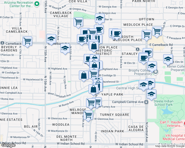 map of restaurants, bars, coffee shops, grocery stores, and more near 4648 North 7th Avenue in Phoenix