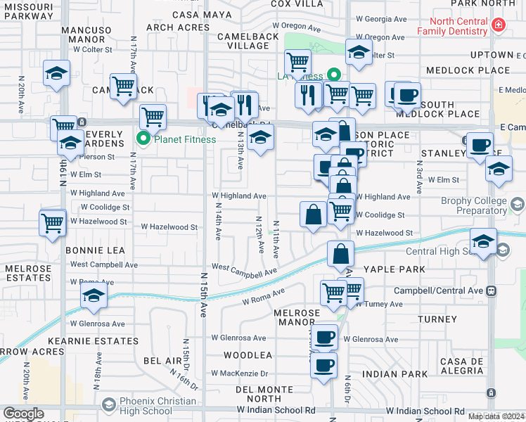 map of restaurants, bars, coffee shops, grocery stores, and more near 4639 North 12th Avenue in Phoenix