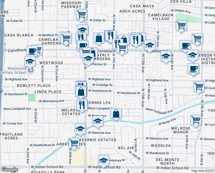 map of restaurants, bars, coffee shops, grocery stores, and more near 1720 West Coolidge Street in Phoenix
