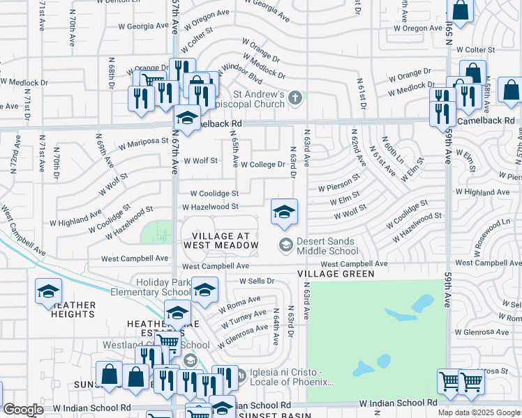 map of restaurants, bars, coffee shops, grocery stores, and more near 6434 West Hazelwood Street in Phoenix