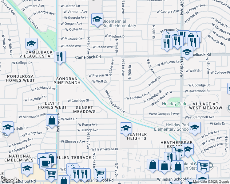 map of restaurants, bars, coffee shops, grocery stores, and more near 4628 North 71st Lane in Phoenix