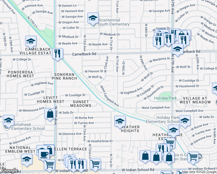 map of restaurants, bars, coffee shops, grocery stores, and more near 4628 North 71st Lane in Phoenix