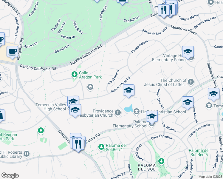 map of restaurants, bars, coffee shops, grocery stores, and more near 31420 Corte Madera in Temecula
