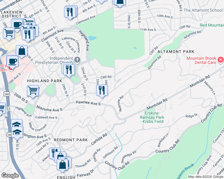 map of restaurants, bars, coffee shops, grocery stores, and more near 1325 34th Street South in Birmingham