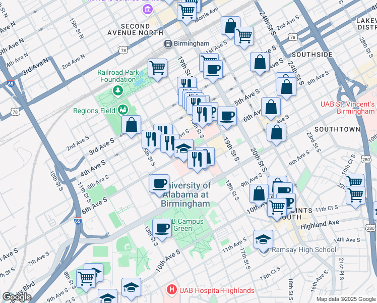 map of restaurants, bars, coffee shops, grocery stores, and more near 1713 6th Avenue South in Birmingham