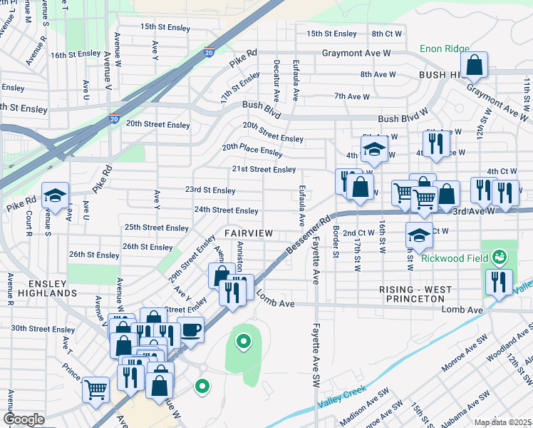 map of restaurants, bars, coffee shops, grocery stores, and more near 2812 24th Street Ensley in Birmingham