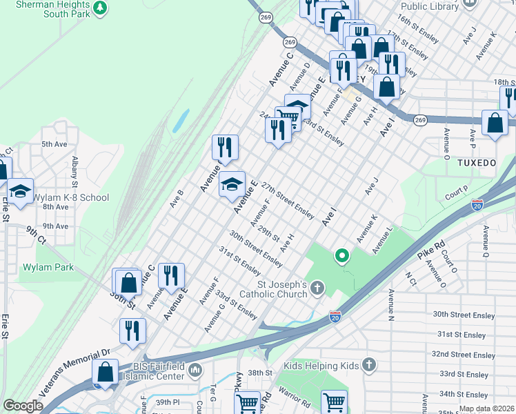 map of restaurants, bars, coffee shops, grocery stores, and more near 2723 Avenue East in Birmingham
