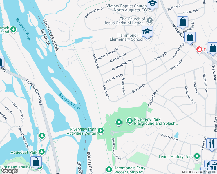 map of restaurants, bars, coffee shops, grocery stores, and more near 705 Hammond Drive in North Augusta
